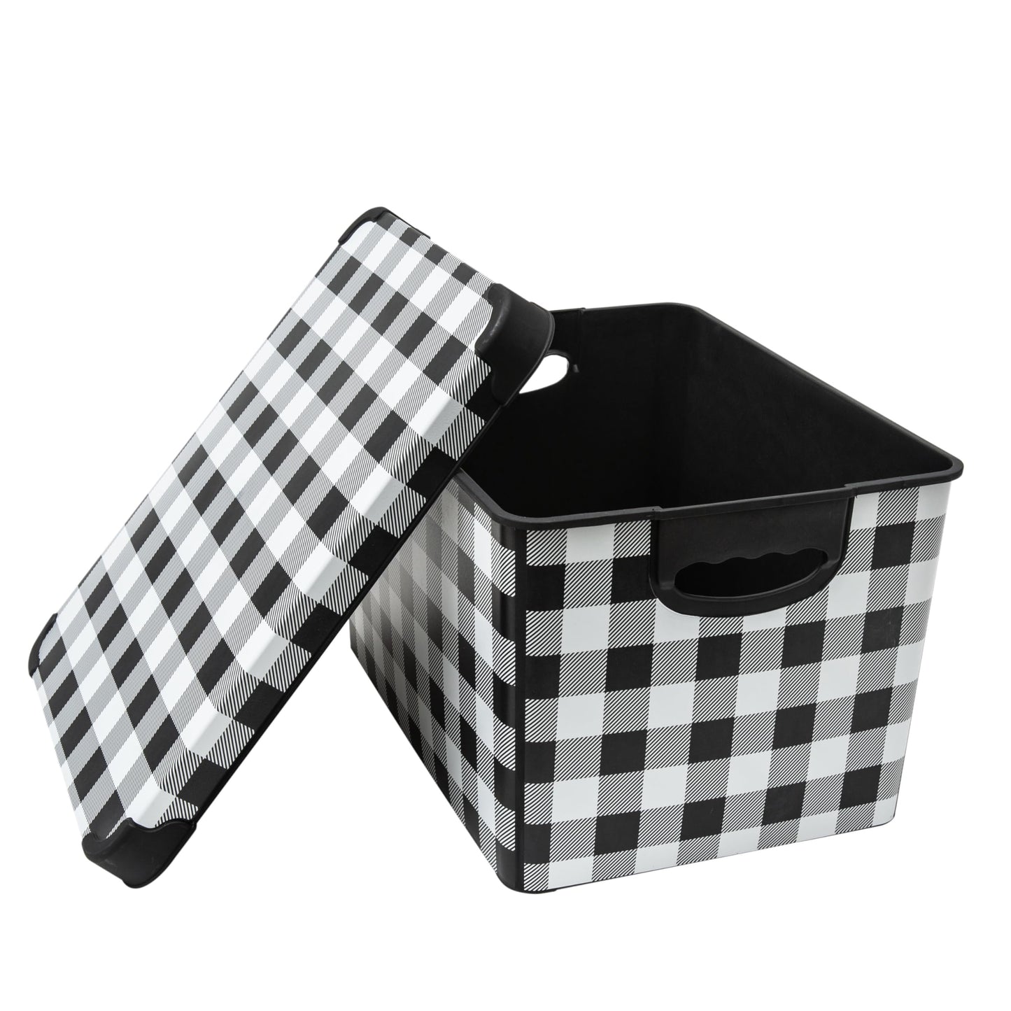 Simplify Checkered Design Storage Bin | Christmas Tote | Holiday Décor Decorations Organizer | Buffalo Plaid Design | Lidded | Stackable | Black and White