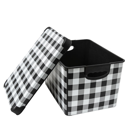 Simplify Checkered Design Storage Bin | Christmas Tote | Holiday Décor Decorations Organizer | Buffalo Plaid Design | Lidded | Stackable | Black and White