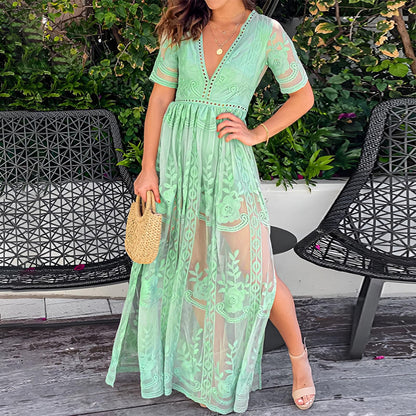 Womens Deep V Neck Short Sleeve Floral Lace Dress Long Bridesmaid Maxi Dresses