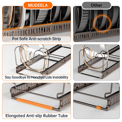MUDEELA Pots and Pans Organizer Rack for under Cabinet, Expandable 11.81''-22.85'' Pot Lid Kitchen Cabinet Organizer Holder with 10 Adjustable Compartment Cutting Board Organizer for Pan Lid, Bakeware