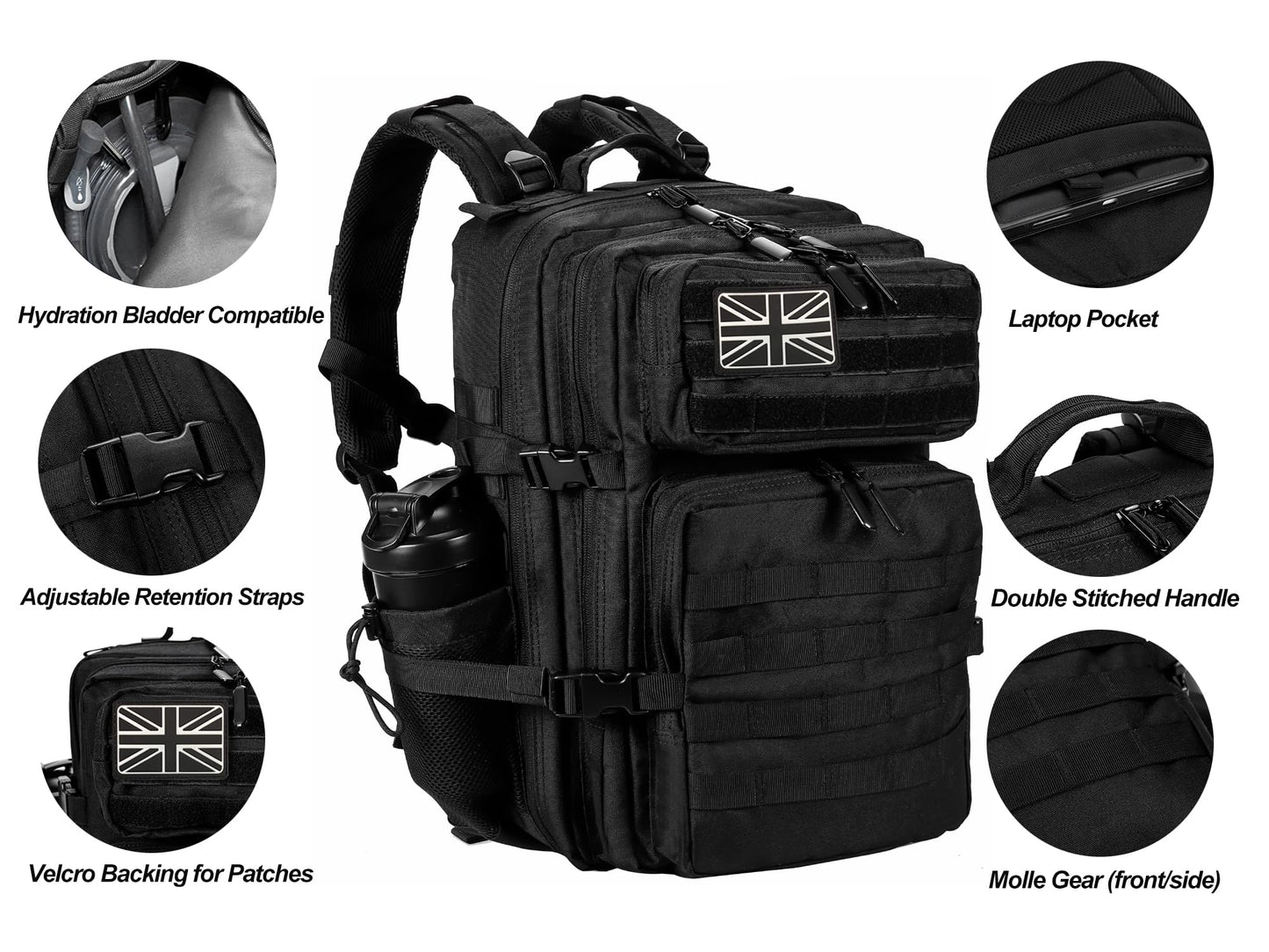 LHI Military Tactical Backpack for Men and Women 45L Large waterproof Rucksack for School, Hiking, Trekking, Hunting