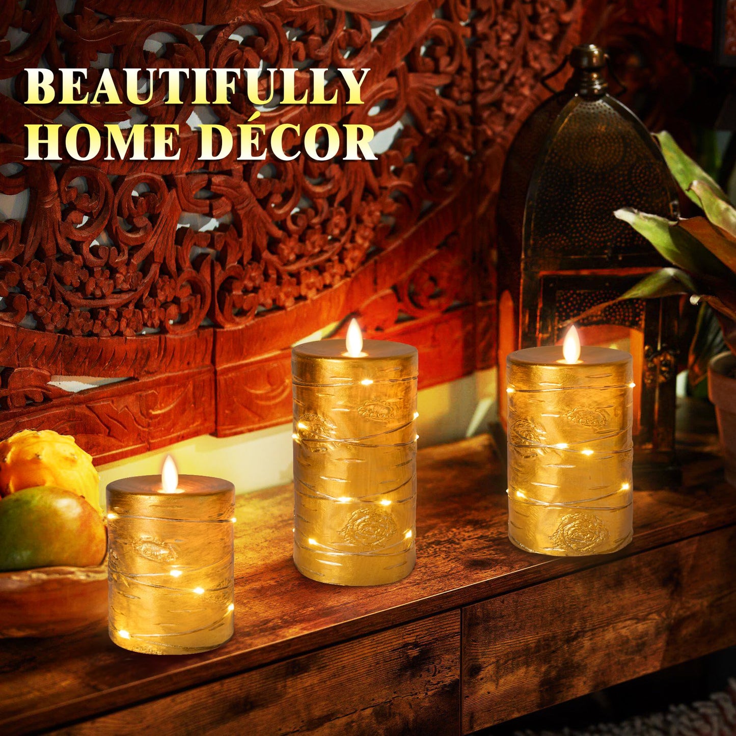 Da by 3 Pack Gold Wax Flameless Taper Candles, Realistic Flickering LED Candles with Surrounding Fairy String Lights, Soft Warm Light Battery Candles with Remote for Indoor Outdoor Decor