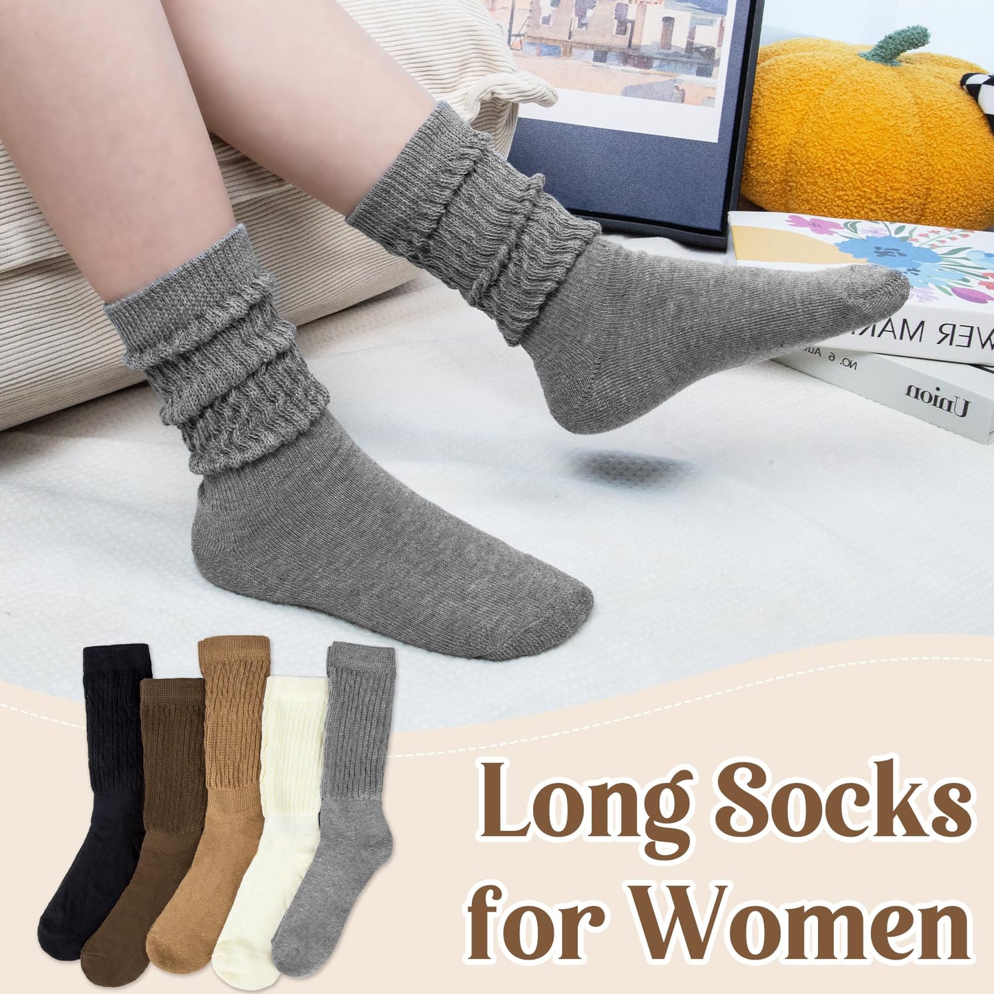 Justay 5 Pairs Slouchy Socks for Women - Slouch Long Crew Knit Boot Athletic Calf Tube Scrunch Socks