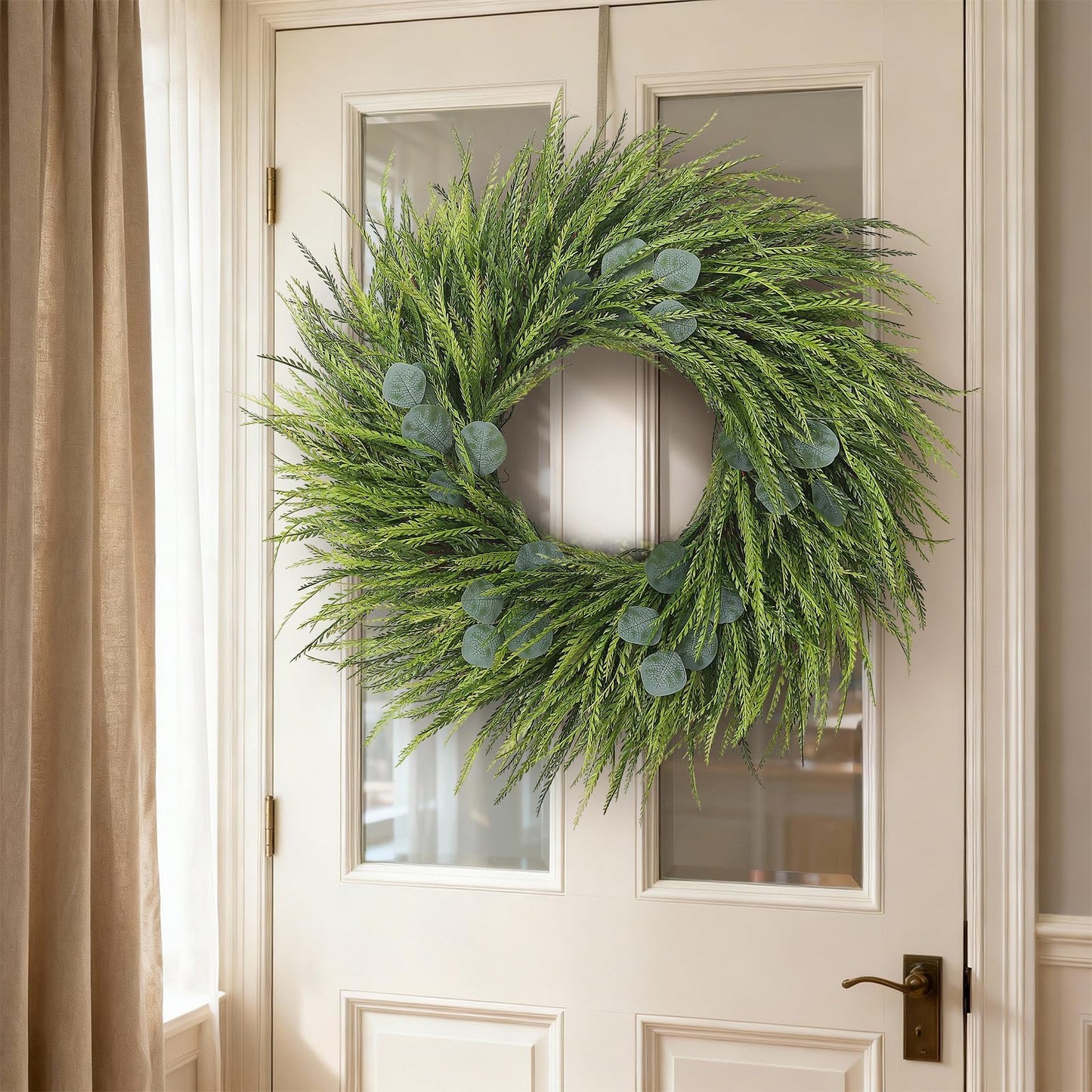 26" Artificial Saw Grass Wreath for Front Door, Lifelike Faux Saw Grass Wreath with Fake Eucalyptus Spring Summer Greenery for Wall Window Fireplace Farmhouse Home Outside Decoration