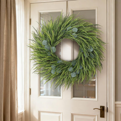 26" Artificial Saw Grass Wreath for Front Door, Lifelike Faux Saw Grass Wreath with Fake Eucalyptus Spring Summer Greenery for Wall Window Fireplace Farmhouse Home Outside Decoration
