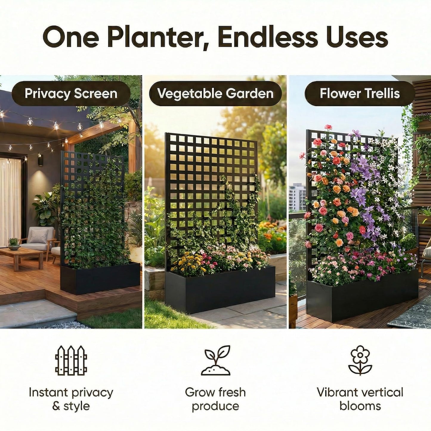 TABU Metal Planter Box with Trellis, 71"x47"x16" Galvanized Steel Raised Garden Bed with Privacy Screen, Multi-Functional Outdoor Standing Planter with Drainage Holes for Climbing Plants, Black