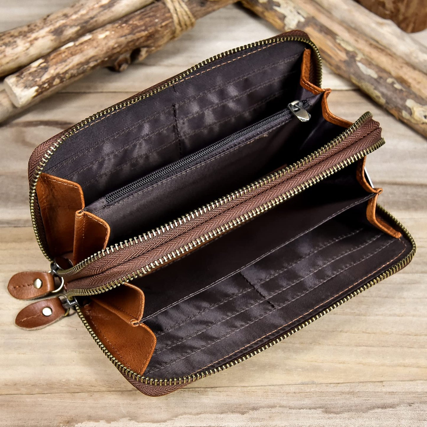 LUUFAN Men's Genuine Leather Clutch Bag Double Zipper Purse 4 Interlayer Zip-Around Wallet (Brown 4)