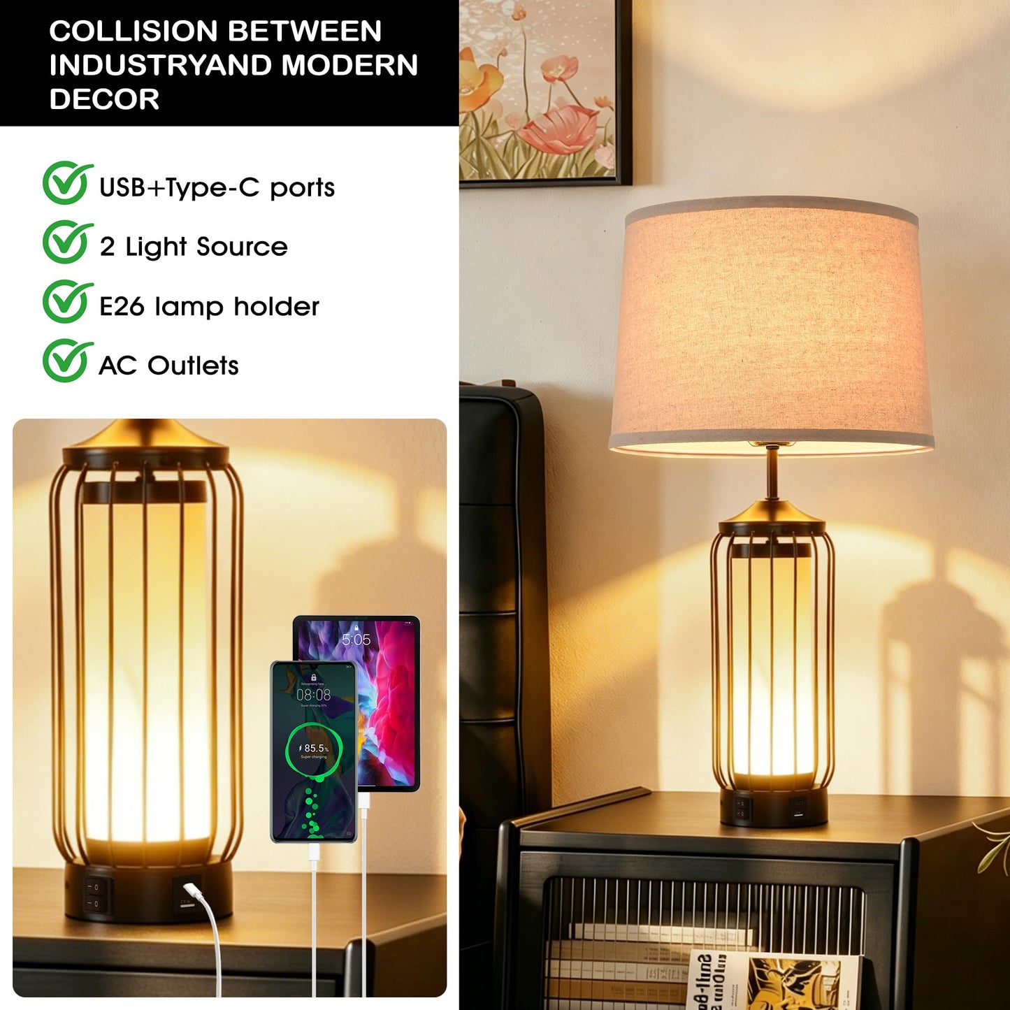 WELAISA-2 Pack Farmhouse Table Lamps for Living Room, Rustic Nightstand Lamp for Bedroom with USB A+C Charging Ports, Frosted Glass Bedside Lamp with Night Light for Entryway End Table