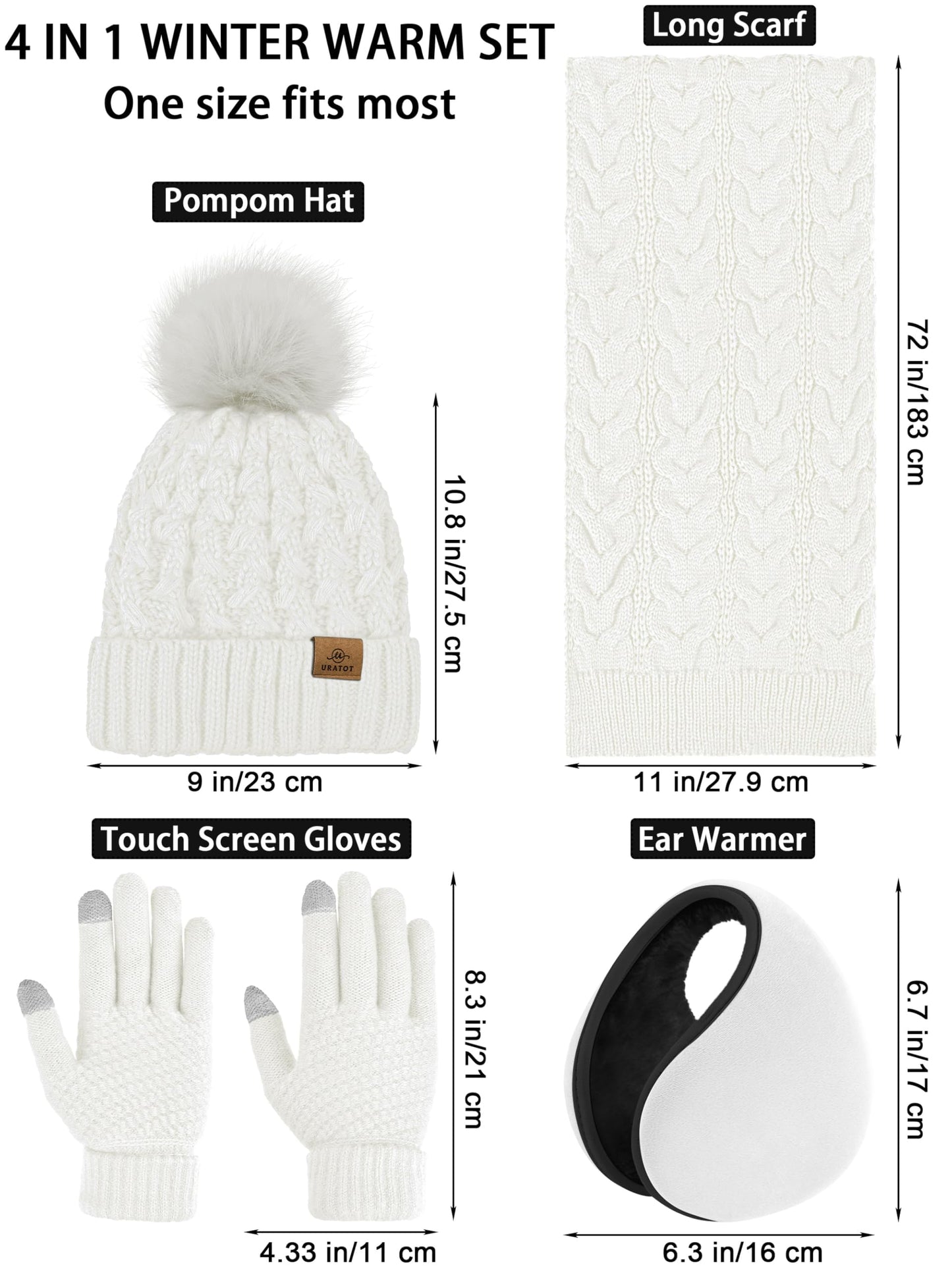 URATOT 4 Packs Winter Warm Set Knitted Pompom Hat Scarf Touch Screen Gloves Ear Warmer 4 In 1 Set for Men or Women