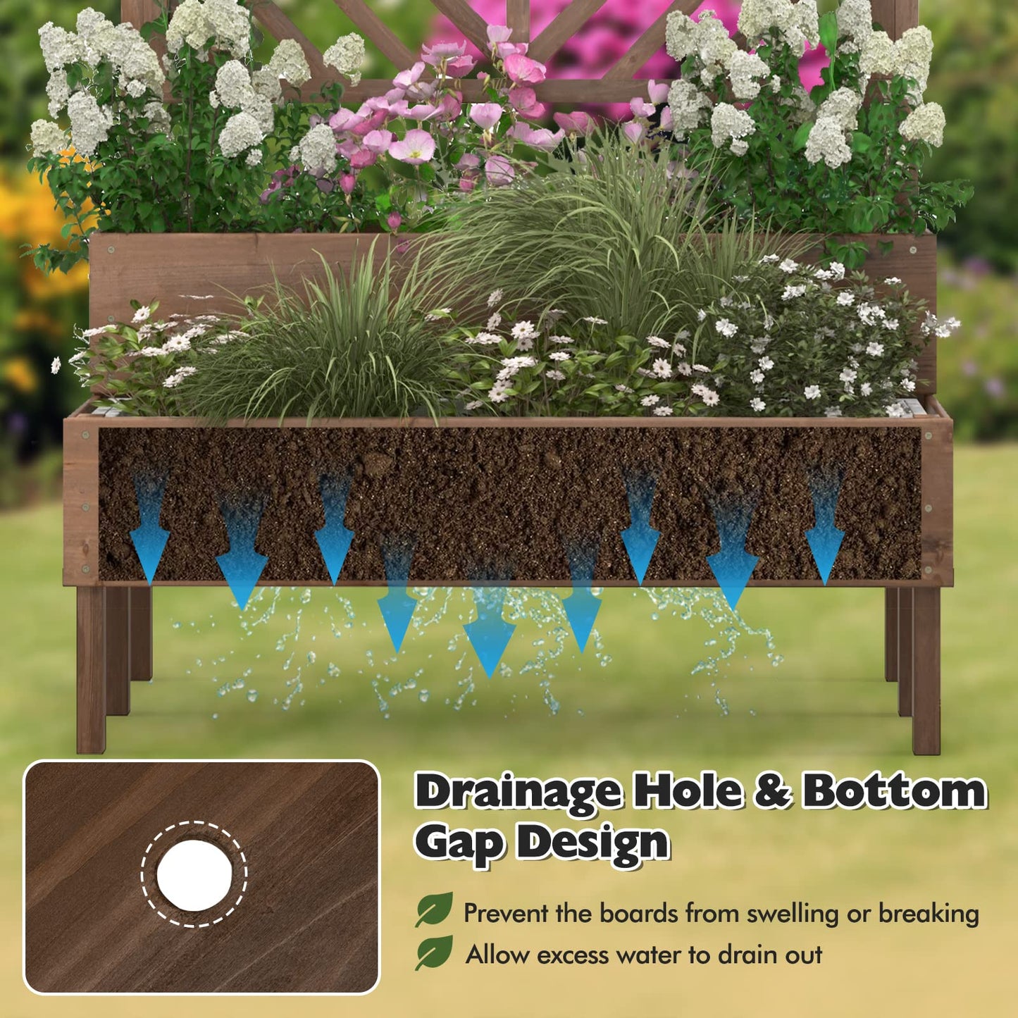 LDAILY Raised Garden Bed with Trellis & 2 Planter Boxes, 2-Tier Wooden Raised Bed with Bottom, Elevated Legs & 10 Drainage Holes, Gardening Planter Box for Flowers/Vegetables/Fruits in Backyard Patio