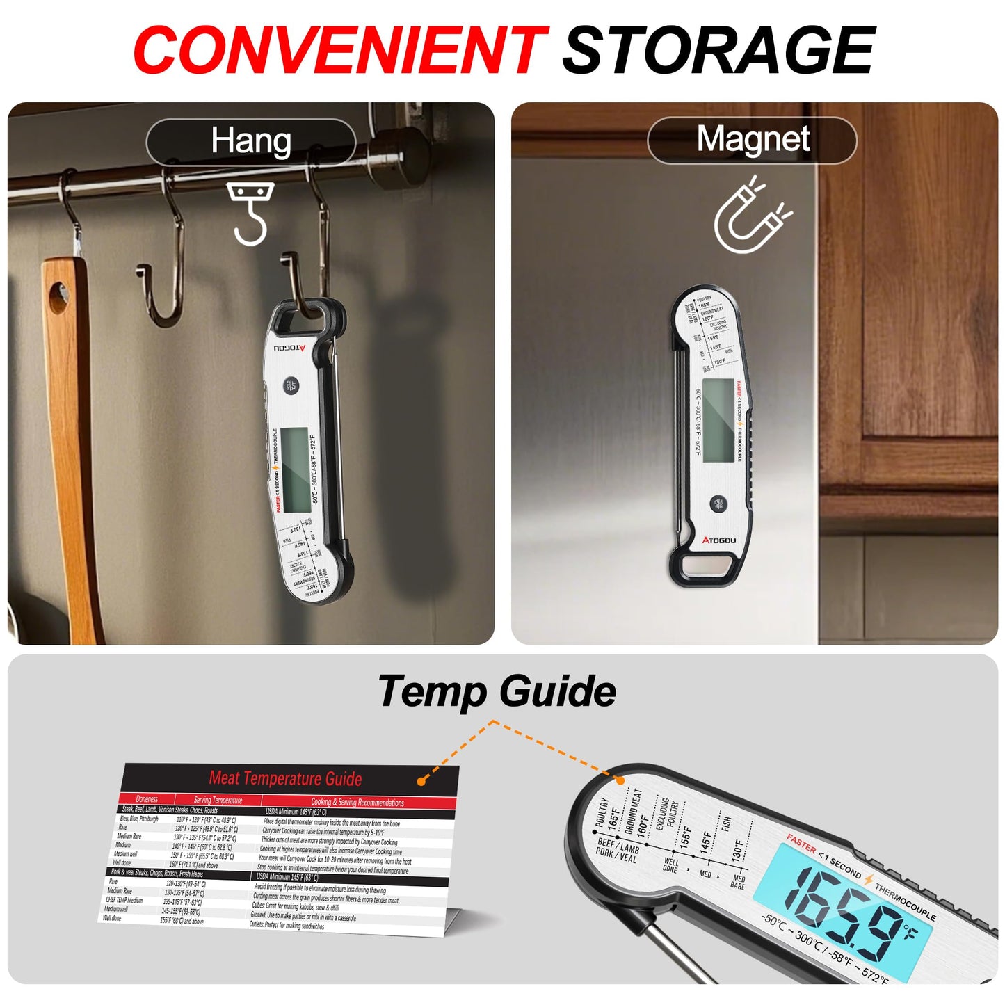 Professional Food & Meat Thermometer, 1 Sec Instant Read & ±0.5℉ Accuracy Driven by Thermocouple Sensor. IP67 Waterproof Digital Thermometer for Cooking, BBQ, Grill Gifts for Men Him Dad Birthday
