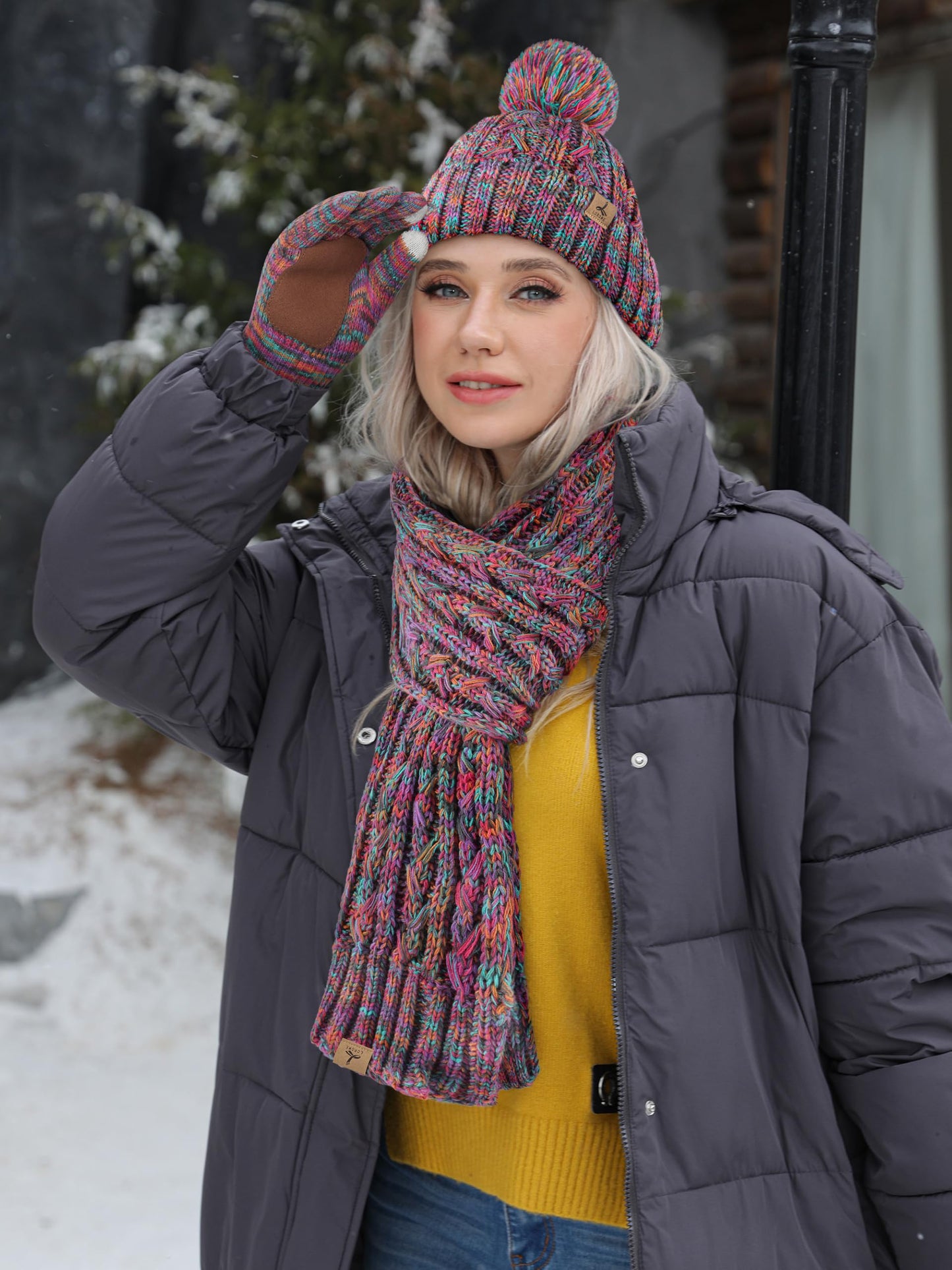 Winter Hat Scarf Gloves Set,Fleece Lined Pom Pom Beanie Hat Warm Knit Long Scarf Touchscreen Gloves Winter Gifts for Women
