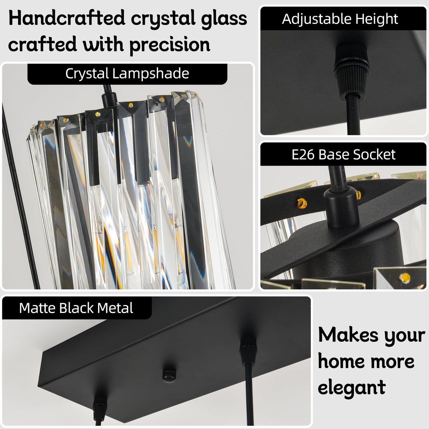 BESTWEST Linear Crystal Chandelier 5-Light Black, K9 Crystal Island Pendant Lighting Large Rectangular Ceiling Light Fixture, Adjustable Hanging Light for Kitchen Island Dining Room Living Room, E26