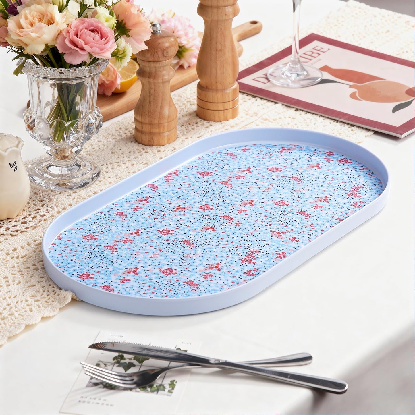 17 Inch Melamine Serving Trays Set of 2, Large Oval Platters, Unbreakable & Dishwasher Safe Lipped Trays for Indoor/Outdoor Use, Modern Art Decorative Dinner Set (2 Piece with Different Designs)