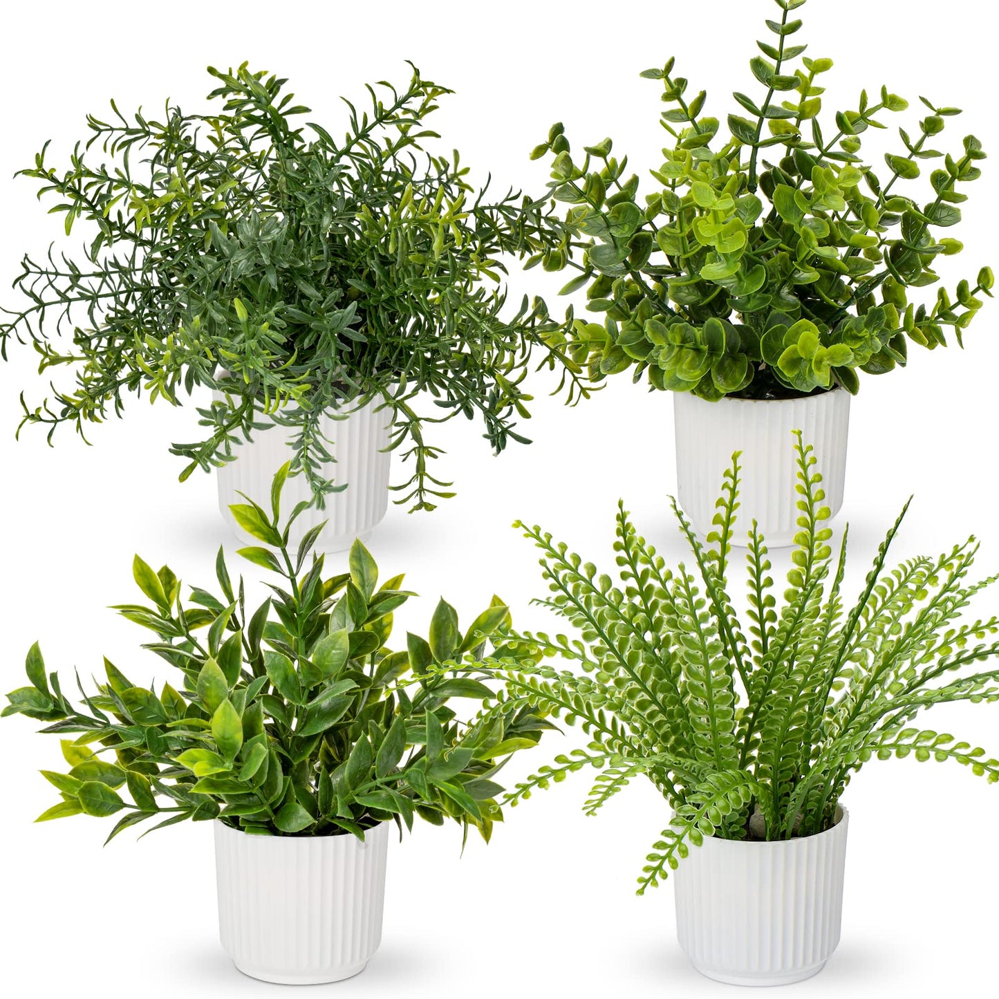 Hollyone 4 Pack Artificial Potted Plants Eucalyptus Rosemary Boston Fern ZZ Plant Fake Plant in Pot Small Faux Plant Greenery Aesthetic Indoor Home Decor Bathroom Bedroom Table Shelf Office