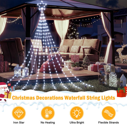Christmas Decorations Star String Lights, 344 LED Waterfall Tree Lights with 11" Topper Iron Star Christmas Lights Indoor Outdoor Decorative for Wedding Party Home Holiday Decor (Pure White)