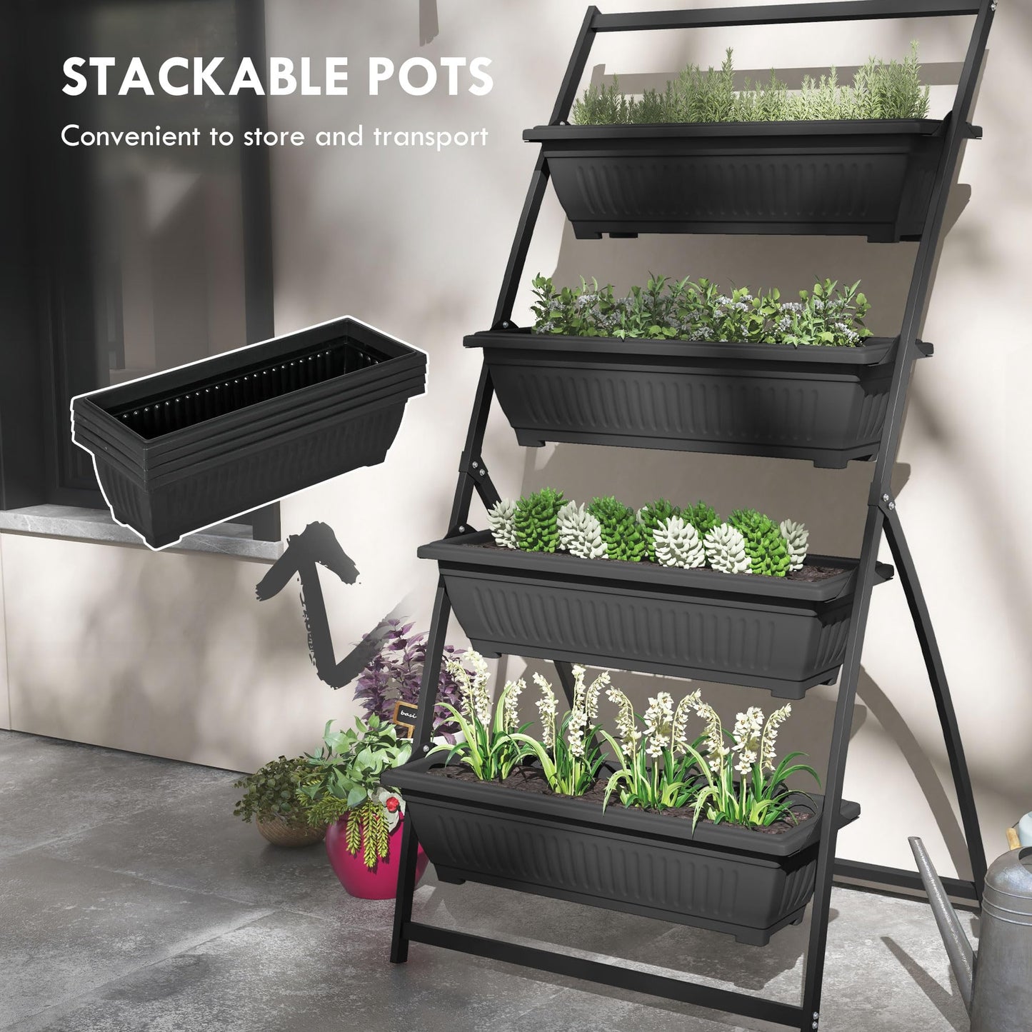 ZEnvya 4-Tier Vertical Raised Garden Bed with Stand - Self-Draining Outdoor Planter Set for Vegetables/Herbs, Black Plastic