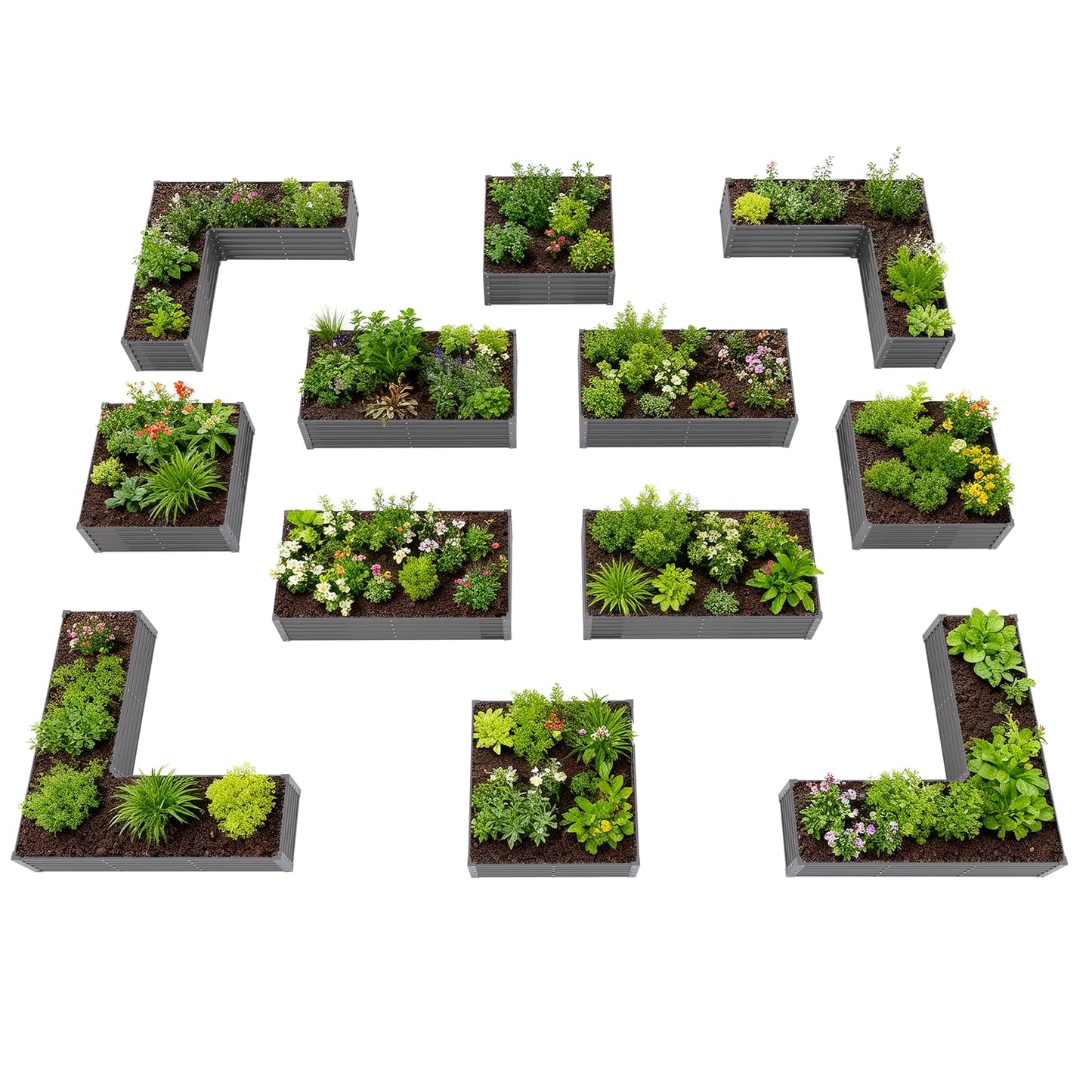 A ANLEOLIFE 12-Piece 18 Inch Tall Raised Garden Beds Kit, L-Shaped, Square & Rectangular Metal Planters for Flexible Backyard Layouts, Quartz Grey
