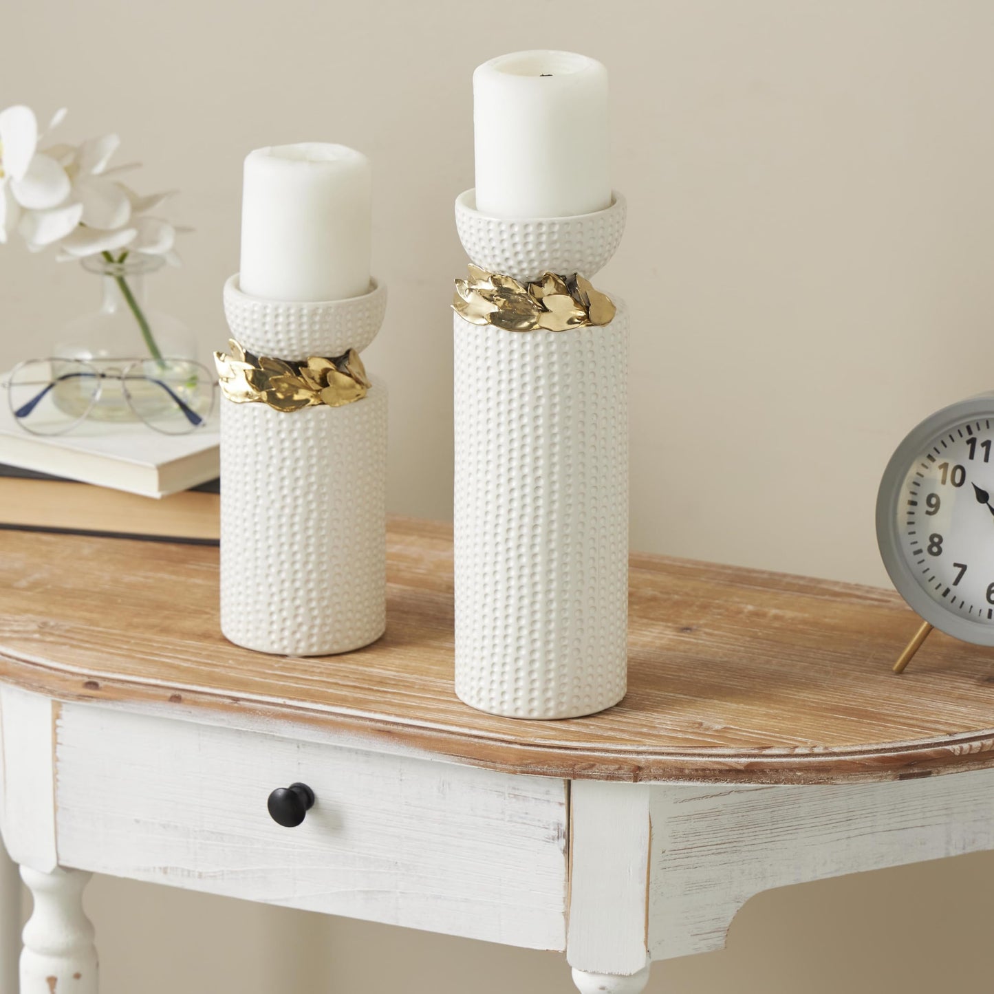 Deco 79 Ceramic Decorative Candle Holder Candle Stand with Abstract Spotted Pattern and Gold Leaf Accents, Set of 2 Candlestick Holder 12", 9" H, White