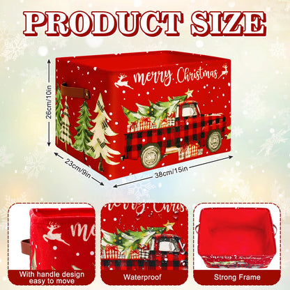 FYSUIMU Christmas Storage Basket with Handles Plaid Truck Xmas Tree Cube Storage Bin Foldable Fabric Container Organizer Box for Home Office Dorm Closet Shelf Toy