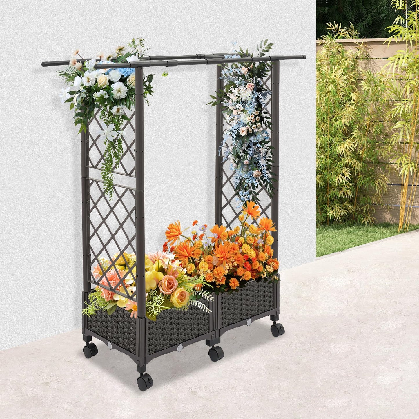 Tapischion Planter Garden Box with Trellis, 6 Wheels & Hanging Rods - 80cm Large Vertical Gardening Box for Balcony, Patio, Outdoor Brown