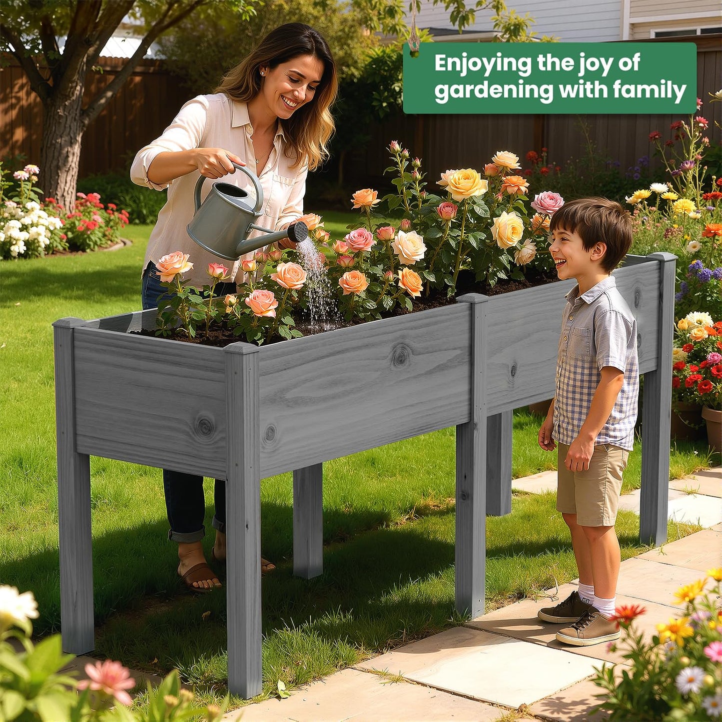 SUNYRISY Dual Wooden Raised Garden Bed Outdoor with Legs for Gardening, 71" L x 23.6" W x 31.5" H Elevated Planter Garden Box Raised Bed for Vegetable Flower Herb, Gray