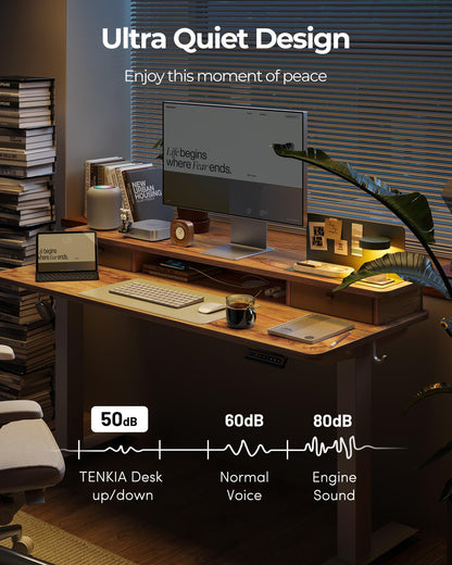 TENKIA 55x24 Inch Electric Standing Desk with Double Drawers, Adjustable Feet & Hooks, Ergonomic Home Office Workstation, Light Rustic