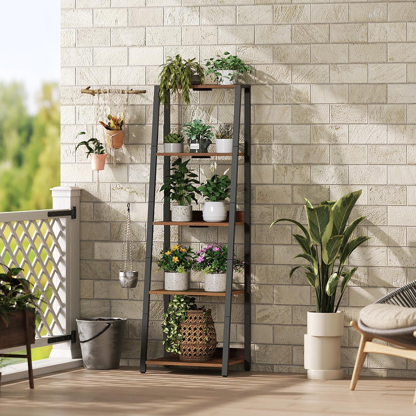 MAHANCRIS Plant Stand with Grow Light, 5 Tier Plant Shelf with Timer for Indoor Plants, Ladder Shape Flower Rack with Raised Back Edges, for Living Room, Balcony, Rustic Brown and Black PSHR05E01