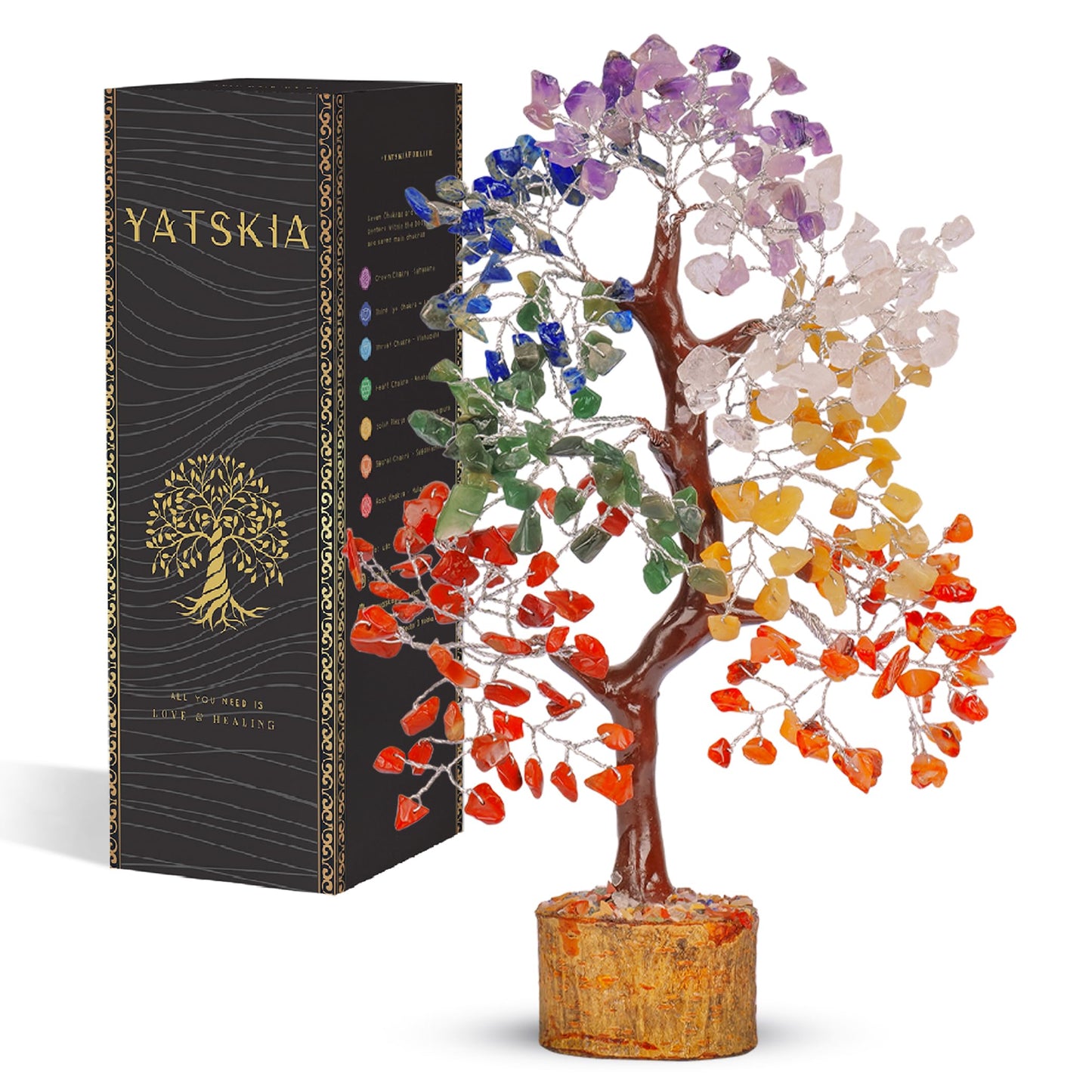 Yatskia Chakra Tree of Life - Crystals and Healing Stones - Feng Shui Decor - Meditation Accessories - Gift for Spiritual People - Handmade Crystal Tree with Seven Natural Chakra Crystals