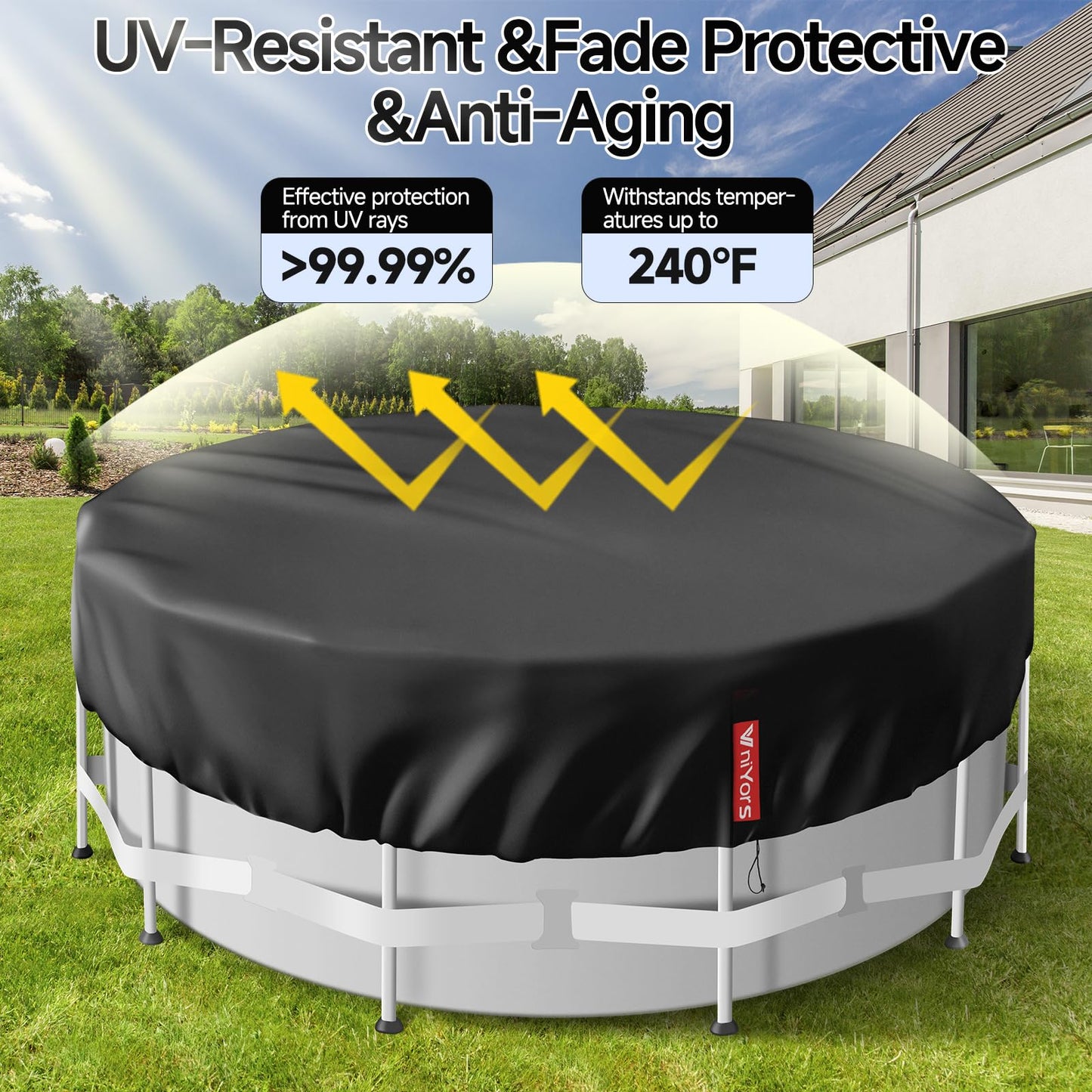 VniYors 18ft Pool Cover, Heavy-Duty Swimming Pool Cover, Paddling Pool Cover, Waterproof Dustproof Pool Solar Cover with Drawstring And Ground Nails