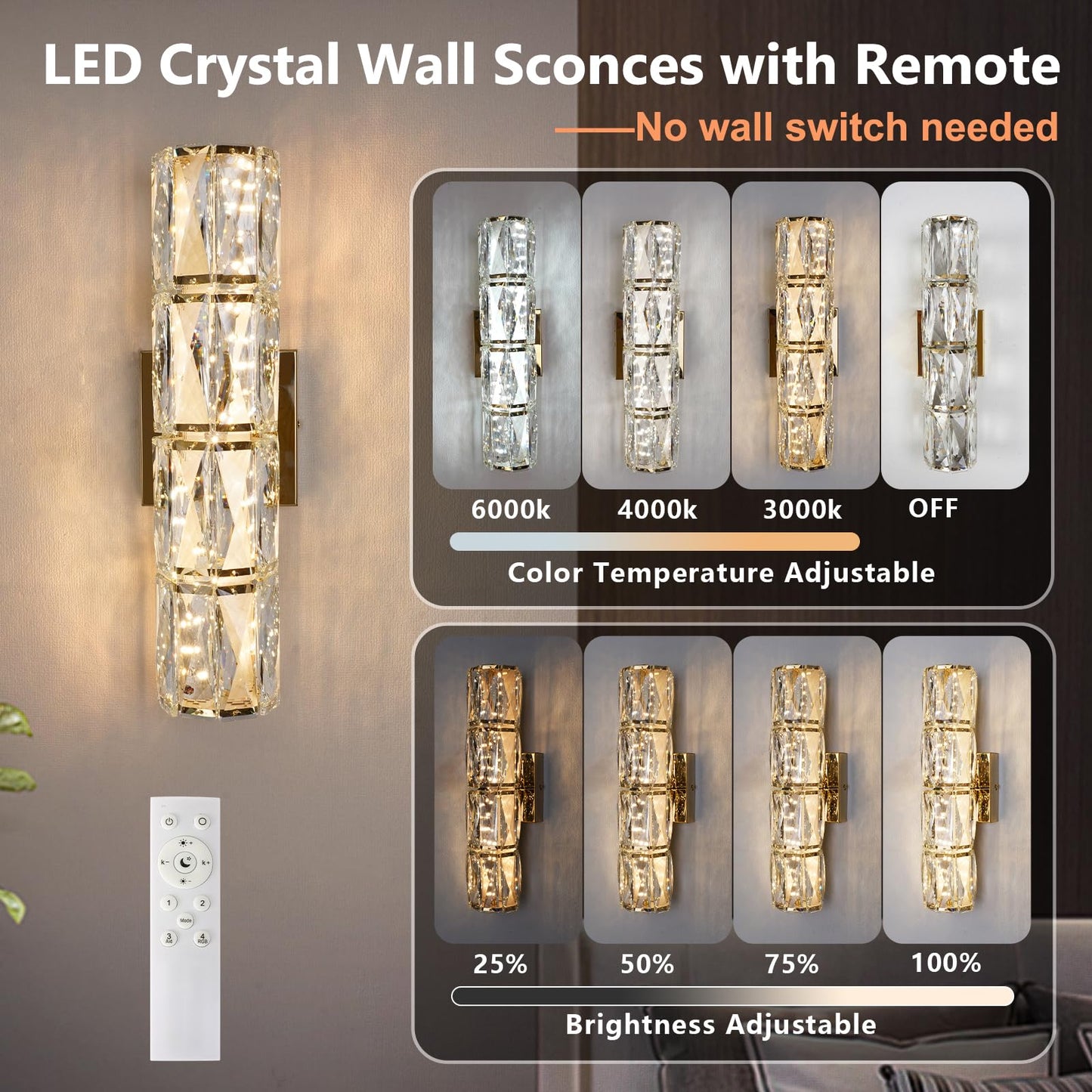passong Gold Crystal Wall Sconces, Dimmable LED Wall Light Fixtures with Remote, Modern Luxury K9 Crystal Vanity Lighting for Bedroom Bathroom Living Room Hallway Stairway, Hardwired 3000K-6000K