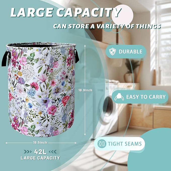 Watercolor Flower Floral Laundry Basket Foldable