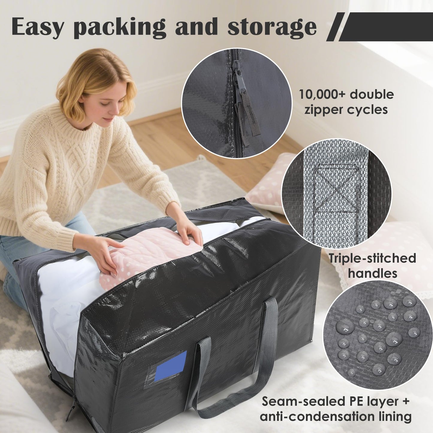 RMOHRO 6 Pack Moving Bags with Full-Open Side Zipper, Extra Large 93L Heavy Duty Waterproof Foldable Storage Totes for College Dorm, Moving & Home Organization Gray