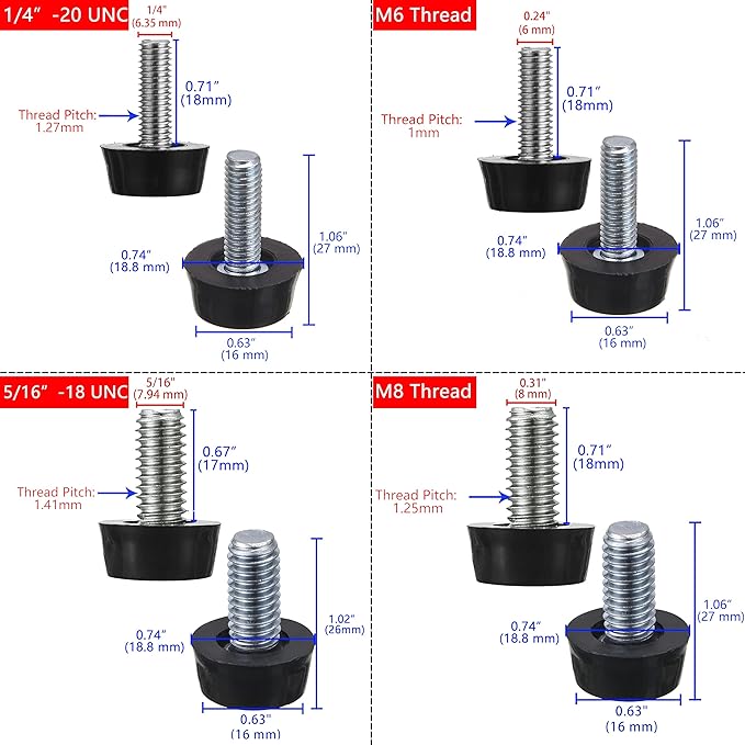 1/4-20" UNC Thread Adjustable Furniture Levelers Screw in Threaded 20 Pcs