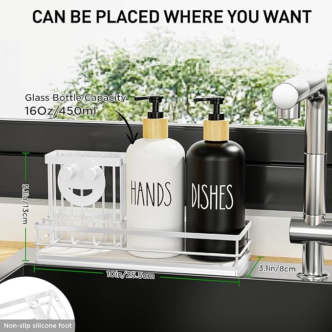 Moforoco Kitchen Dish Soap Dispenser Set, 16OZ Glass Bottle, Hand and Dish Soap