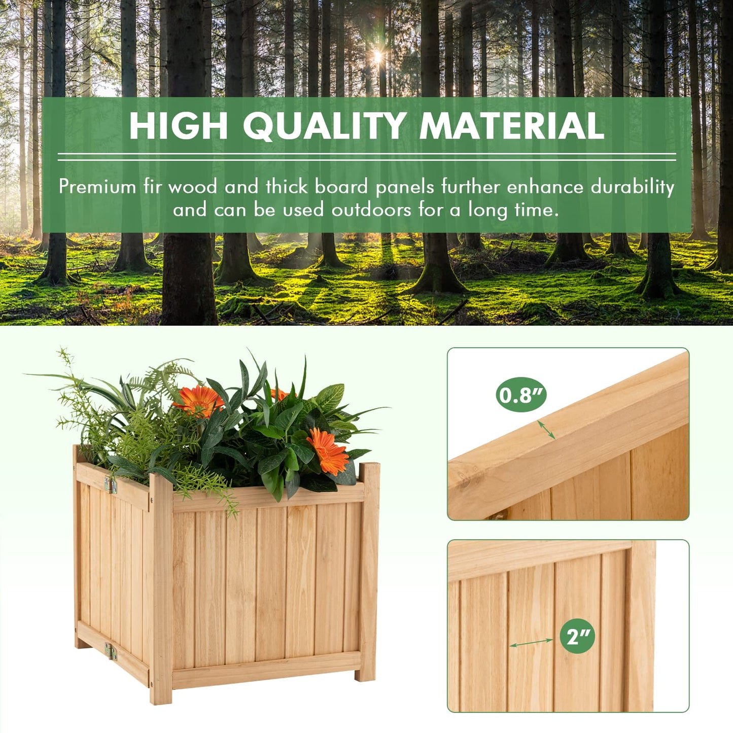 S AFSTAR Outdoor Wooden Planter Box, Folding Raised Garden Bed W/Drainage Hole, Patio Square Plant Container for Flowers, Vegetables, Fruits, Herbs, Collapsible Planting Box for Yard, 15" x 15" x 14"