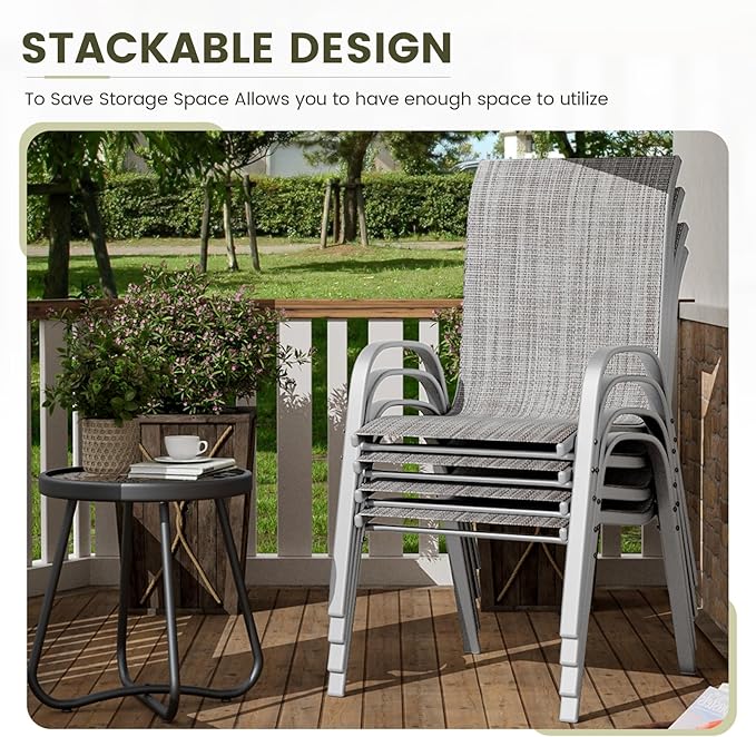 UDPATIO Patio Chairs Set of 4, Stackable Silver Outdoor Dining Chairs with High Back, Breathable Outdoor Chair Textilene Fabric All Weather, 350LBS Capacity for Garden, Backyard (Light Grey)