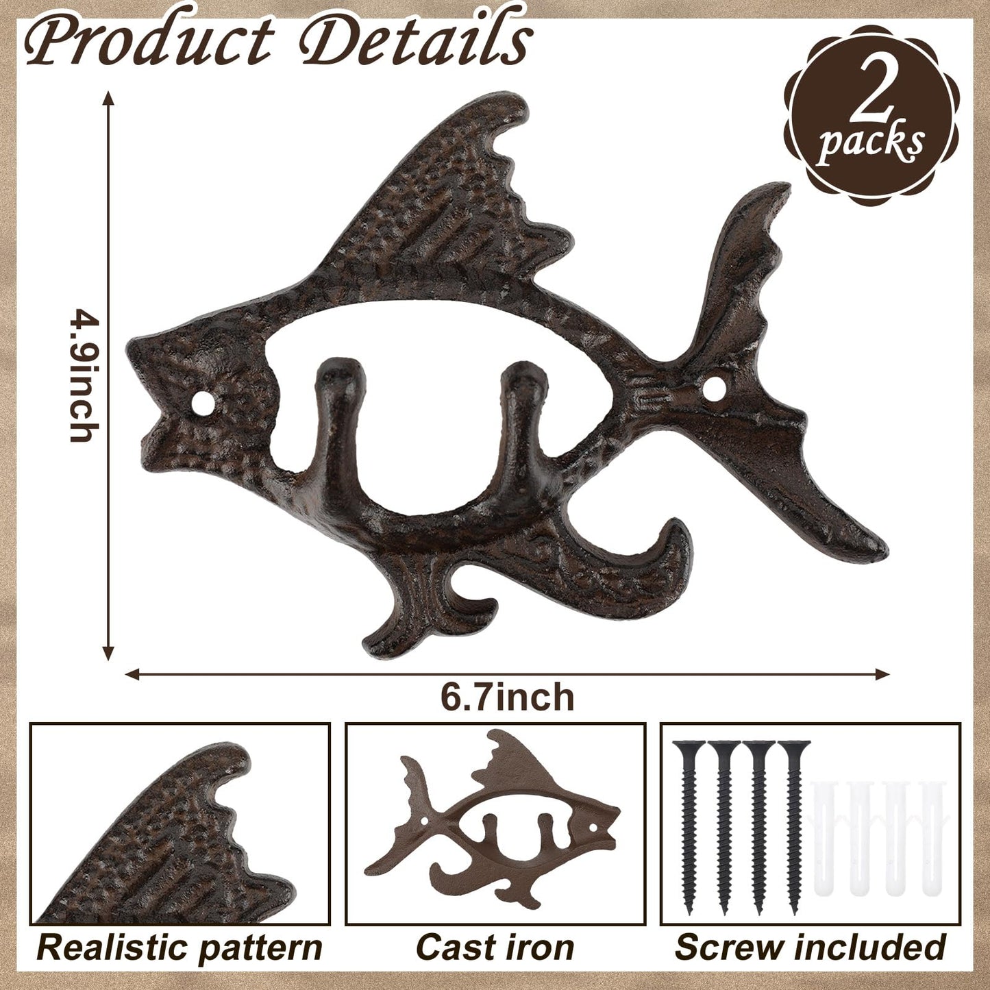Otoolling 2 Pcs Cast Iron Fish Designed Wall Hooks Nautical Coat Hooks Rack Heavy Duty Fish Coat Hangers Metal Decorative Wall Holder Mounted with 2 Screws for Hanging Keys Towel Bag Scarf Cap