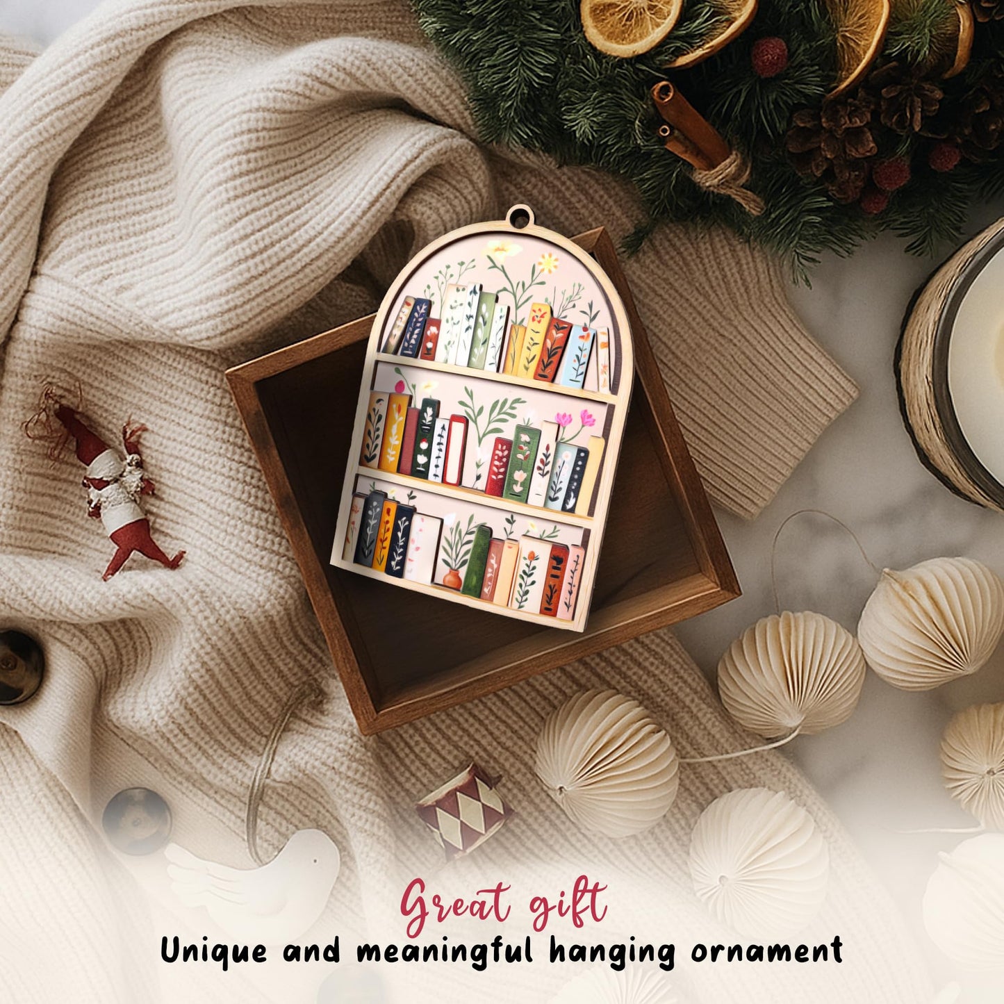 Bookshelf Ornament for Book Lovers 2026 – 2 Layer Wooden Book Ornament – Book Lover Gift for Women Readers – Bookshelf Christmas Tree Decor – Gifts for Book Lovers, Women, Librarian, Nerd, Bookish