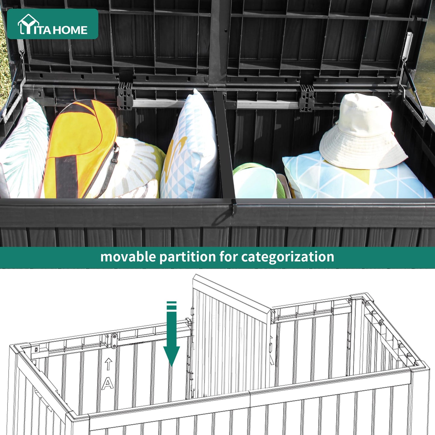 YITAHOME 180 Gallon Large Deck Box w/Divider, XL Waterproof Outdoor Storage for Patio Furniture,Outdoor Cushions, Garden Tools, Sports Equipment and Pool Supplies, Resin, Lockable, Black