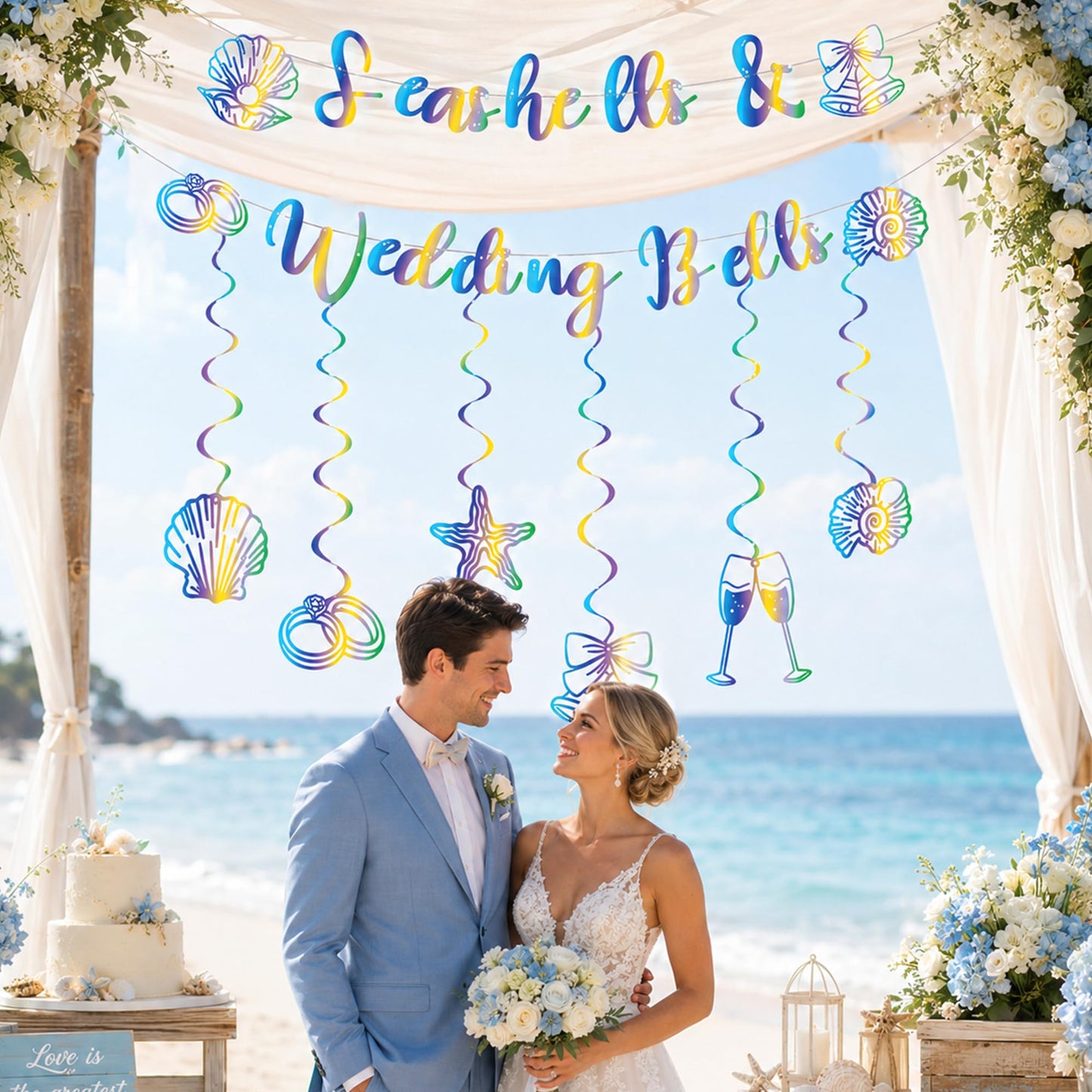 Seashells and Wedding Bells Decor - Rainbow Iridescent Holographic Bachelorette Bridal Shower Decorations Last Toast on the Coast Party Garland Hanging Swirls
