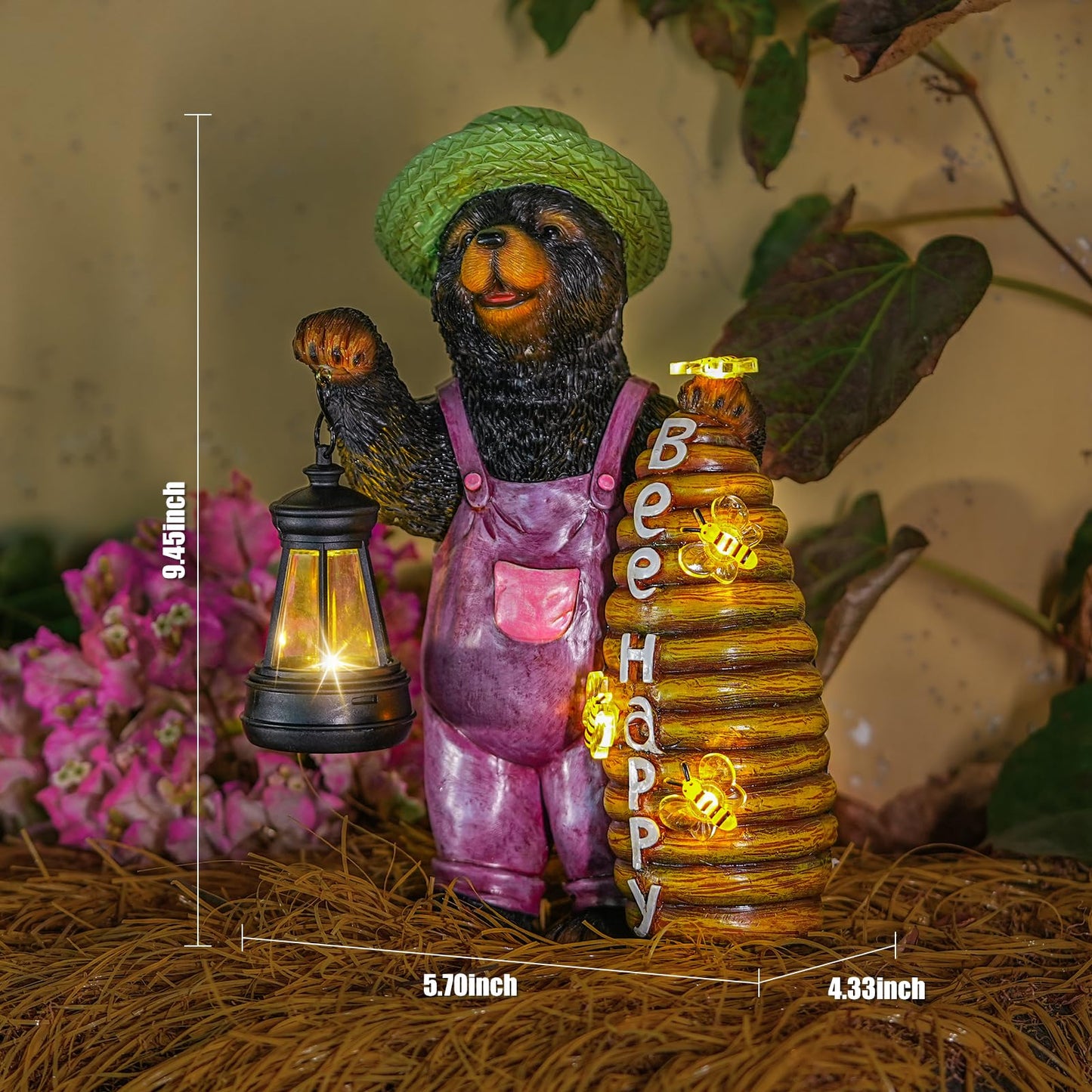 Joint Honglin Solar Black Bear Garden Statue with Lighted Beehive & Lantern, Resin Bear Holding Honey Bee Hive, Outdoor Waterproof Solar Garden Decor, Yard Lawn Patio Porch Farmhouse Decoration