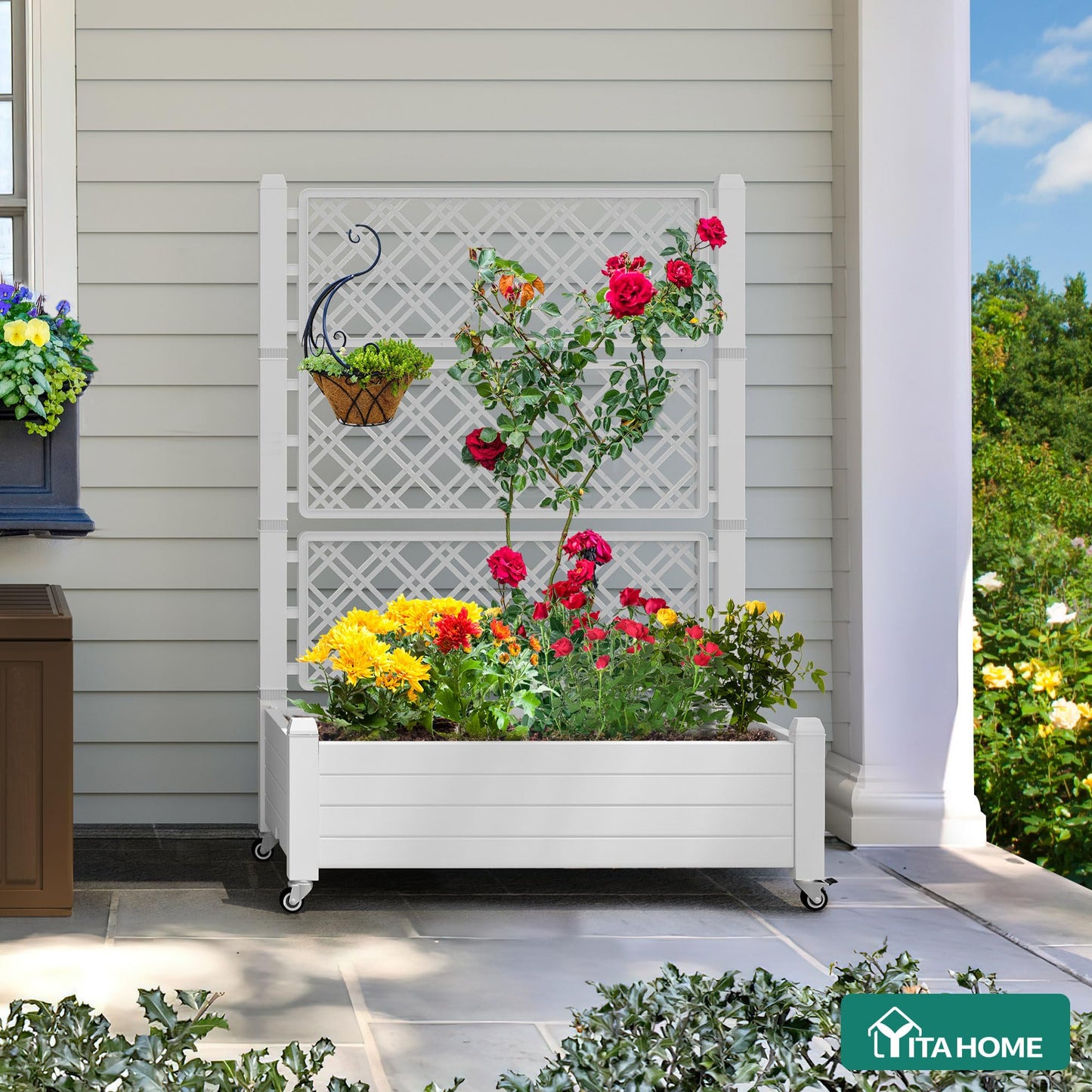 YITAHOME 43.3x17.7x61 in Planter Boxes Outdoor with Trellis, Resin Raised Garden Bed with Wheels & Drain Plug for Climbing Plants, Weather-Resistant Design Elevated Garden Bed with Trellis, White