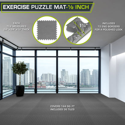 ProsourceFit Puzzle Exercise Mat ½ in, EVA Interlocking Foam Floor Tiles for Home Gym, Mat for Home Workout Equipment, Floor Padding for Kids, Black, 24 in x 24 in x ½ in, 24 Sq Ft - 6 Tiles