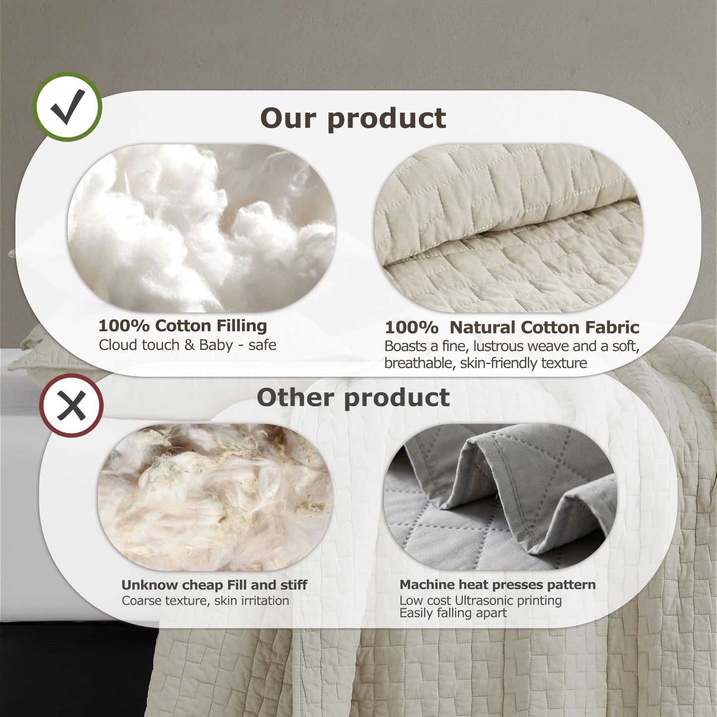 palassio Beige 100% Cotton Quilt California Cal King Size Bedding Sets with 2 Pillow Shams, Textured Oversized Lightweight Bedspread Shabby Chic Coverlet, Soft Bed Cover for All Season, 3 Pieces