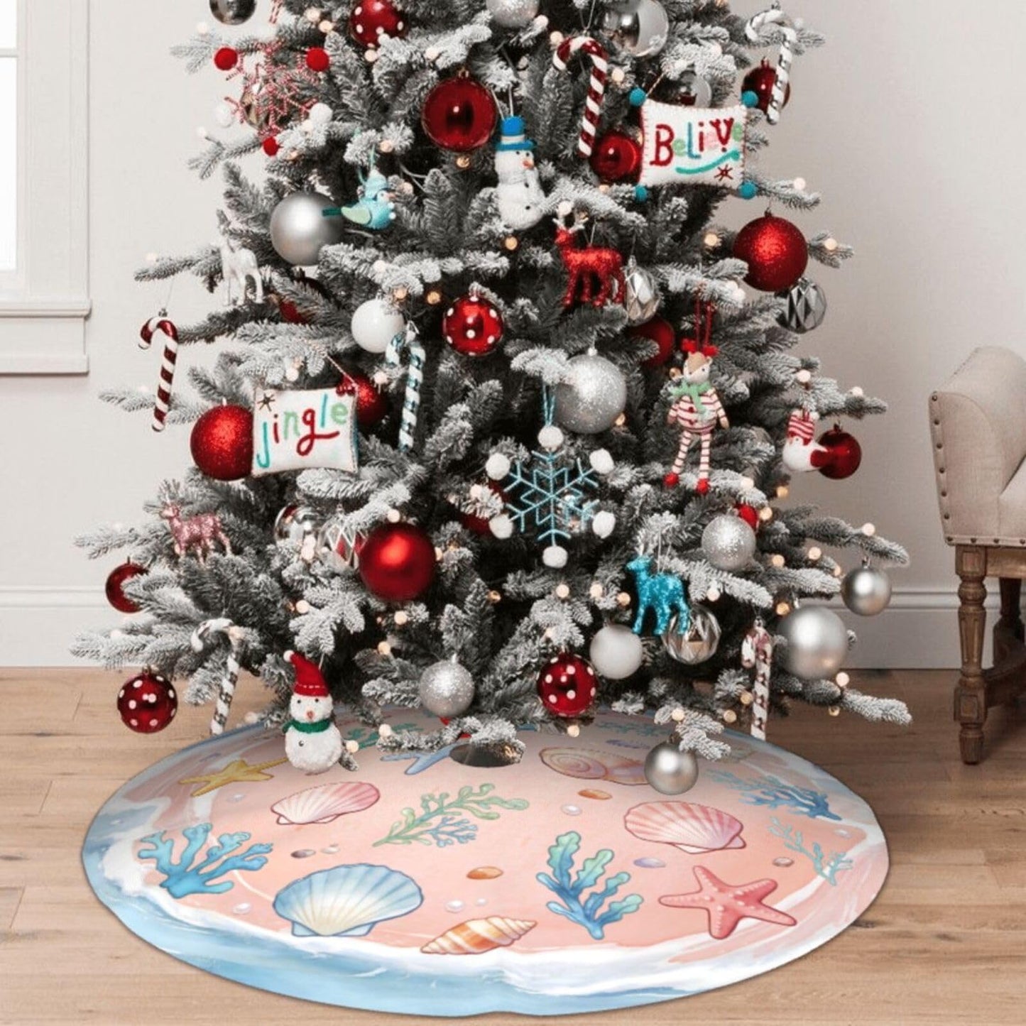 Summer Beach Shell Starfish Tree Skirt 36" Tree Mat for Christmas Tree Topper Holiday Party Yard Decorations Indoor Outdoor Ornaments 36"