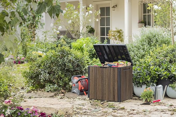 Keter Signature Everwood 30 Gallon Resin Deck Box for Outdoor Storage – Weather‑Resistant Balcony & Patio Box for Cushions, Throw Pillows & Garden Tools, Walnut
