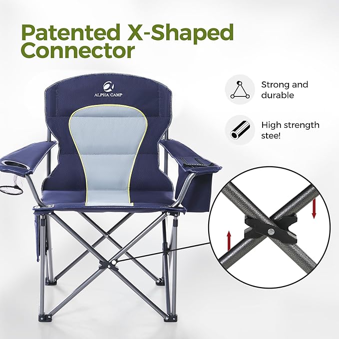 ALPHA CAMP Heavy Duty Camping Chair 500LBS Capacity, Oversized Folding Chair for Heavy People, Padded Portable Outdoor Chair with Cooler Bag & Cup Holder for Camping, Fishing, Beach