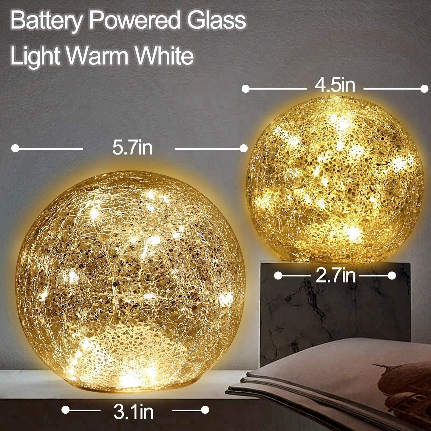 Mercury Crackle LED Glass Globe Ball Lamp with Timer, Battery Operated Night Light for Girls, Birthday, Halloween,Christmas - Decorative Gift for Home Warm White (with Timer)
