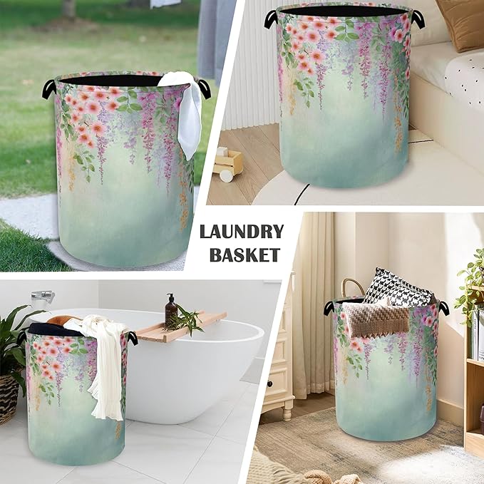 Colorful Flowers Laundry Basket, Foldable